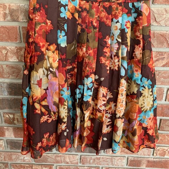 Kay Unger Women's Floral Brown Silk Wool Blend 2 Pleated Midi A-Line Dress GUC - Picture 8 of 16